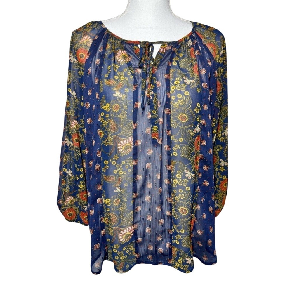 New Directions Boho Blue Floral Blouse Subtle Shimmer 3/4 Sleeve Women Small